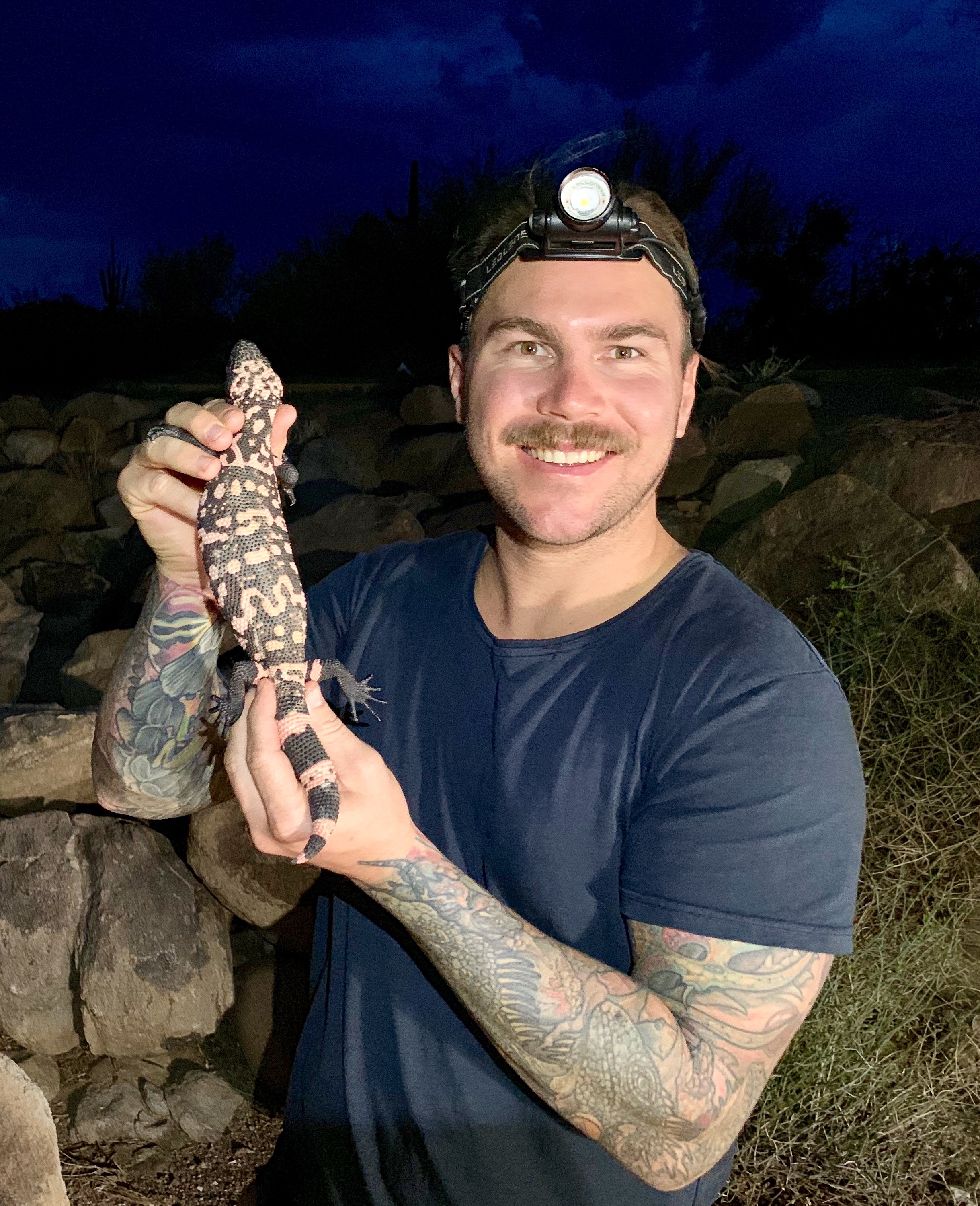 Ross McGibbon holding a Gila Monster (Heloderma suspectum) during a field survey in Arizona.