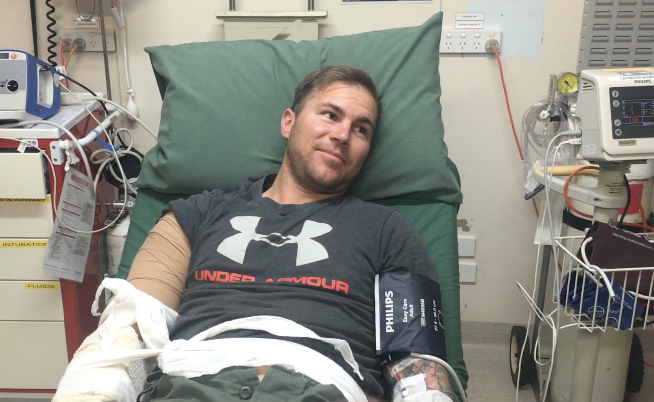 Ross McGibbon in Laverton Hospital awaiting an airlift to Perth after being bitten by a juvenile Mulga Snake.