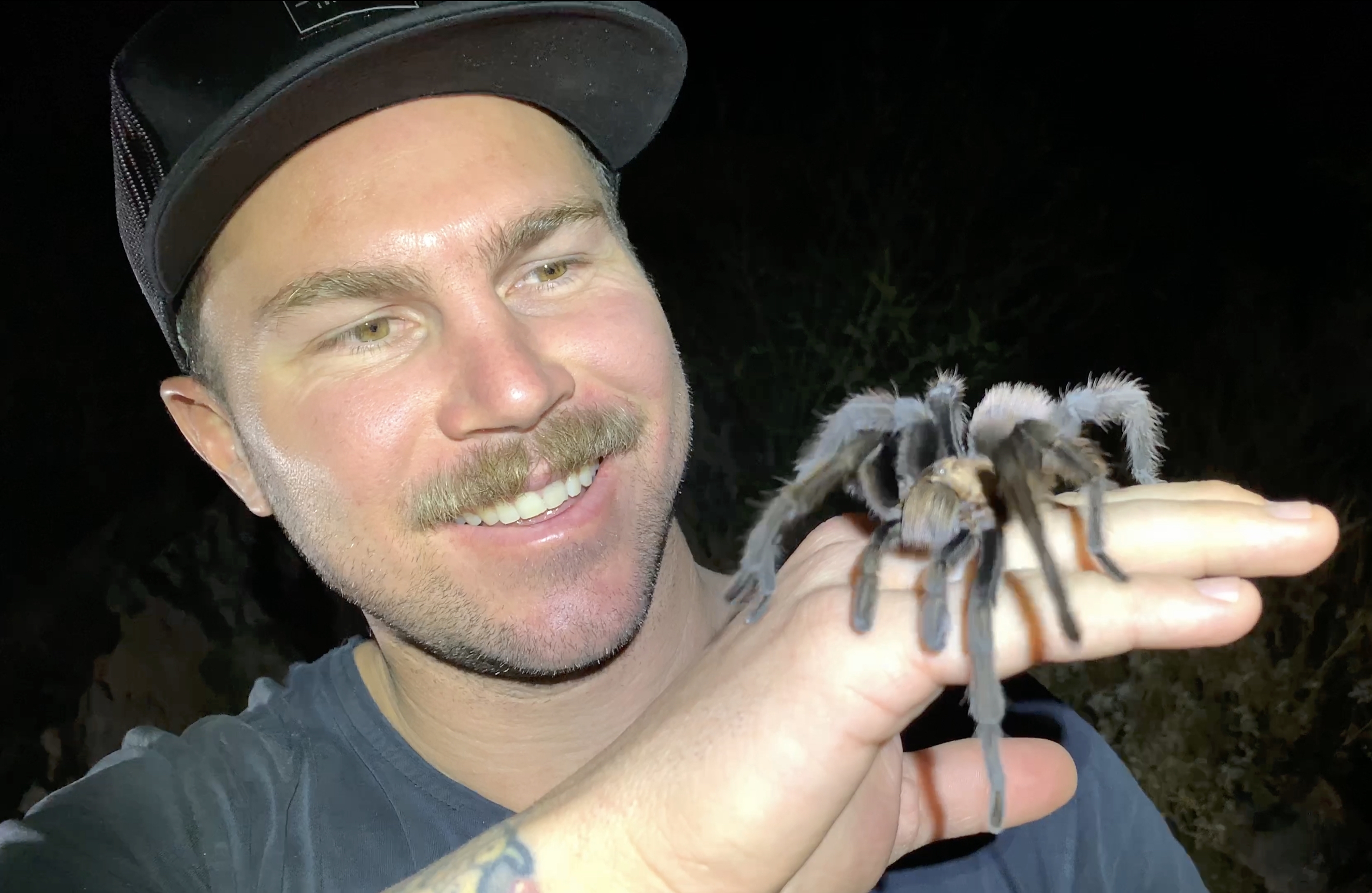 Ross McGibbon holding a large tarantula on his hand during a nighttime herping trip in Arizona.